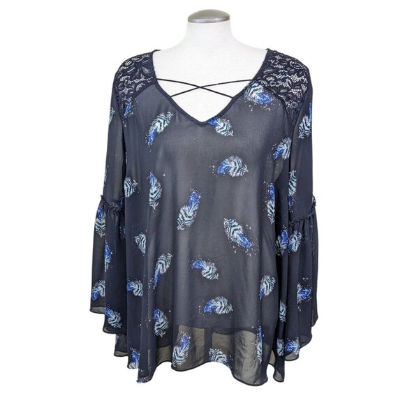 Womens Plus Size 22 Sheer Blouse Top Black Blue Bell Sleeve Lace Cross Front - Picture 1 of 6